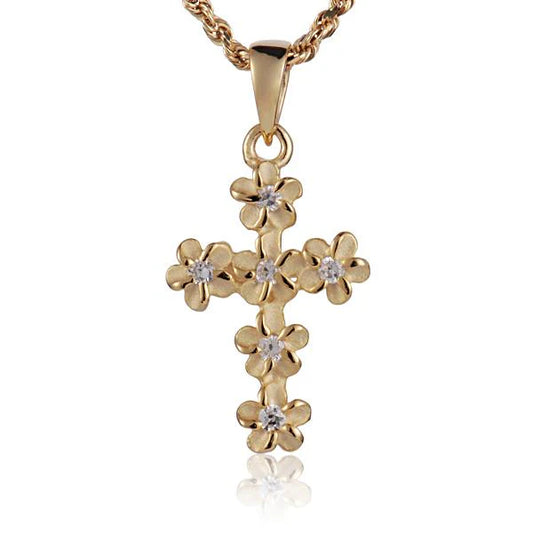 Gold-plated Plumeria CZ cross pendant with 4mm stones, showcasing a delicate floral design and hanging loop.