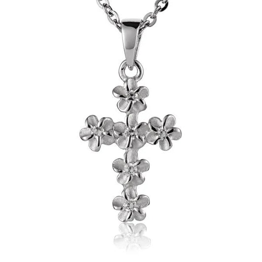 Plumeria CZ cross pendant with 4mm stones in rhodium finish, showcasing detailed floral design and polished jewelry craftsmanship.