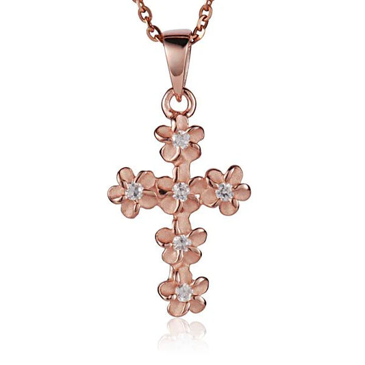 Plumeria CZ Cross PG pendant with 4mm stones, rose gold-plated jewelry piece by Ashley's Gift Shop.