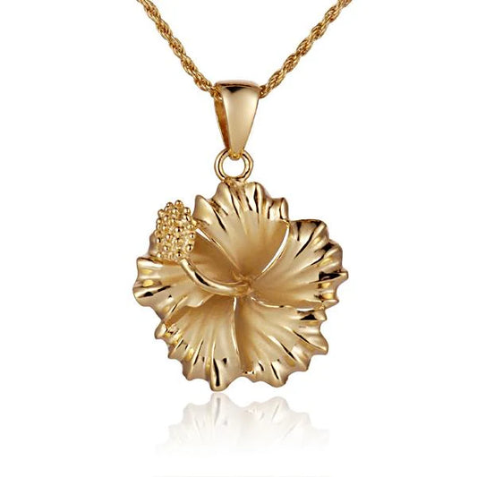 Rhodium-plated hibiscus pendant in 925 sterling silver, 20mm size, featuring a floral design with intricate details.
