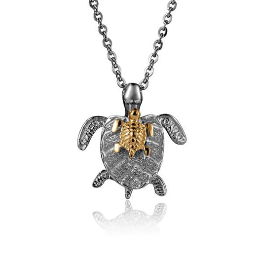Sterling silver turtle pendant for mom and baby, rhodium-plated 925 silver jewelry, featuring a cute turtle design.