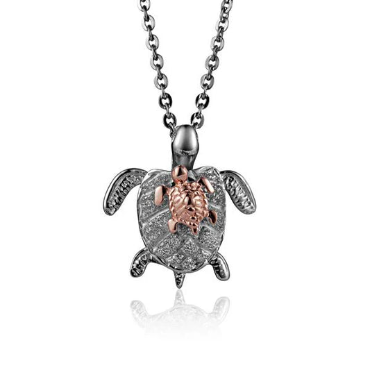 Sterling silver turtle pendant for moms and babies, 925 silver jewelry with a polished rhodium finish.