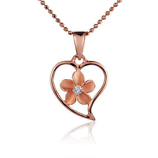 Heart-shaped Plumeria PG plated pendant in small size, featuring intricate floral details, from Ashley's Gift Shop.