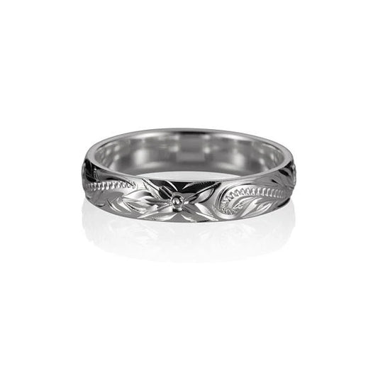 4mm silver scroll ring from Ashley's Gift Shop featuring intricate engraved scroll design on polished band.