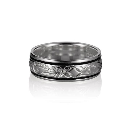 6mm Scroll B/B ring from Ashley's Gift Shop, close-up of silver jewelry featuring intricate scroll design and smooth band.