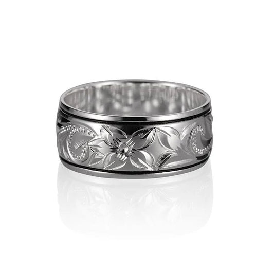 10mm Scroll B/B ring from Ashley's Gift Shop, close-up showing intricate metal design and polished silver finish.