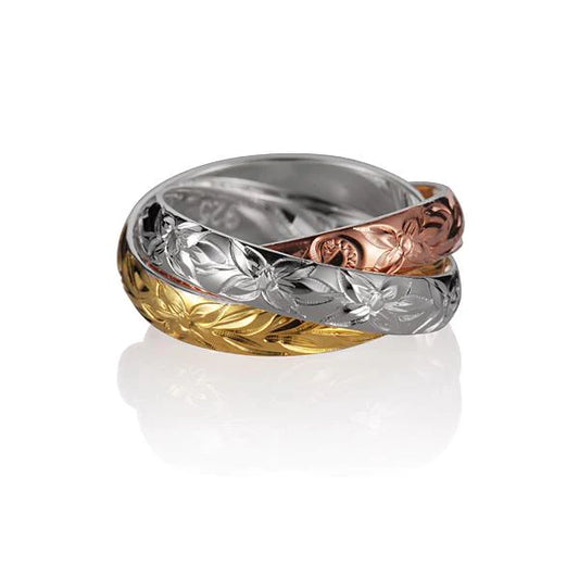 Tri-color 3-in-1 ring with intertwined bands, featuring gold, silver, and rose gold tones, designed by Ashley's Gift Shop.
