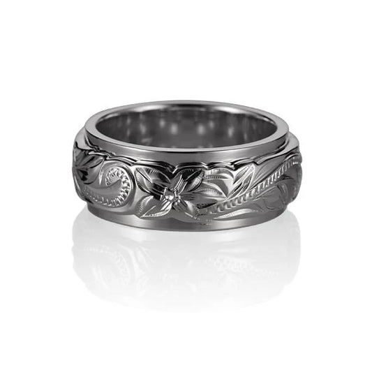 8mm and 6mm scroll double ring from Ashley's Gift Shop, showcasing intricate metal design on a silver-tone band