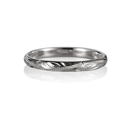 Silver 2mm scroll ring from Ashley's Gift Shop featuring intricate engraved design on smooth band.