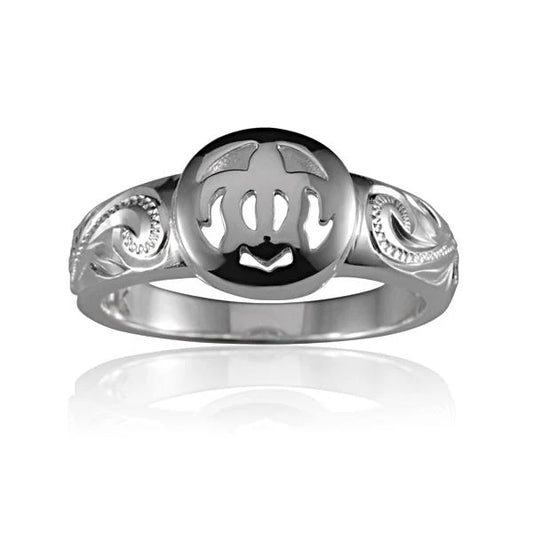 Engraved scroll ring featuring a circular Honu turtle design, crafted by Ashley's Gift Shop, displayed on a white background.