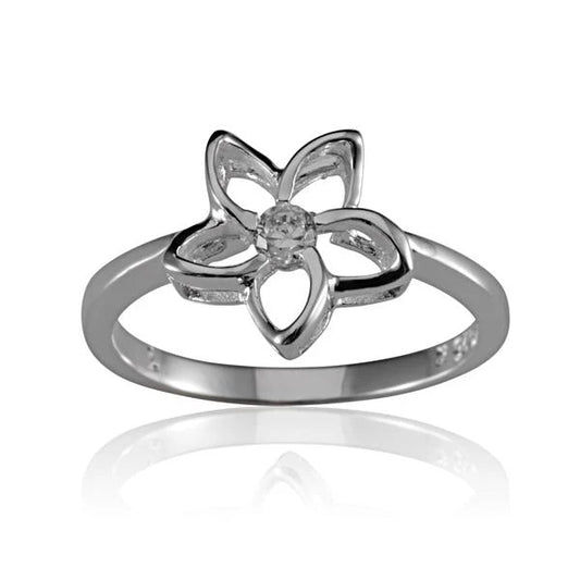 Sterling silver 12mm floating plumeria ring with CZ accents, crafted by Ashley's Gift Shop. Beautiful floral jewelry design.