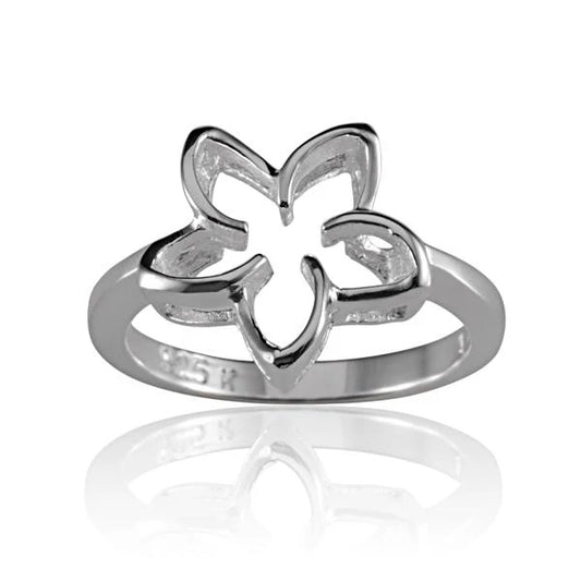 Sterling silver 12mm floating plumeria ring with delicate floral design, handcrafted by Ashley's Gift Shop.