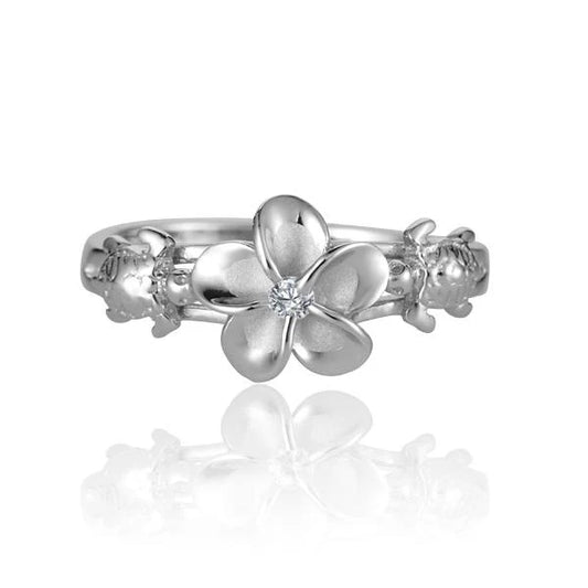 Sterling silver Honu Plumeria Honu ring with rhodium finish, featuring intricate turtle and flower designs, crafted by Ashley's Gift Shop.