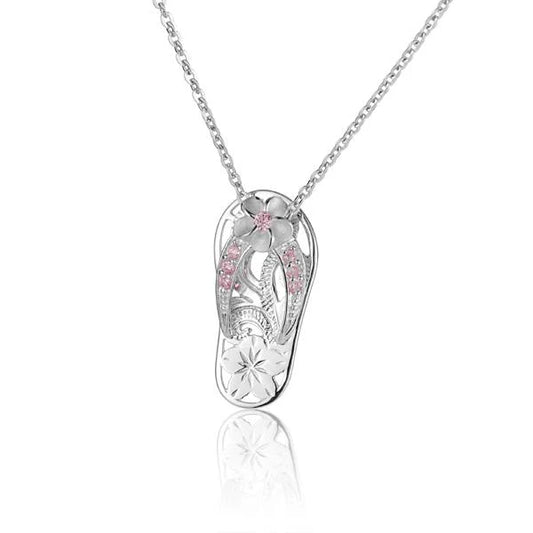 Pink Plumeria Scroll Slipper Pendant with 7CZ crystals, featuring intricate design, crafted by Ashley's Gift Shop.