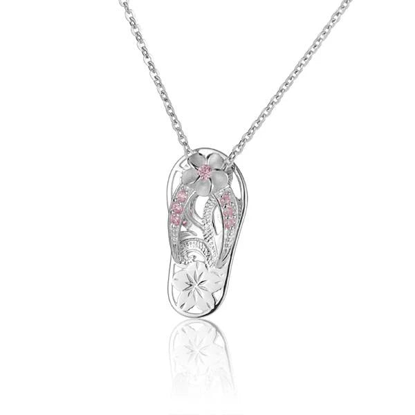 Hawaiian 925 sterling silver scroll slipper pendant with plumeria and 7 pink cubic zirconia stones