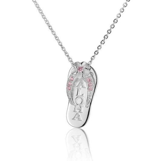 Pink plumeria flower pendant with a 7-carat cubic zirconia, featuring an aloha-themed design, crafted by Ashley's Gift Shop.