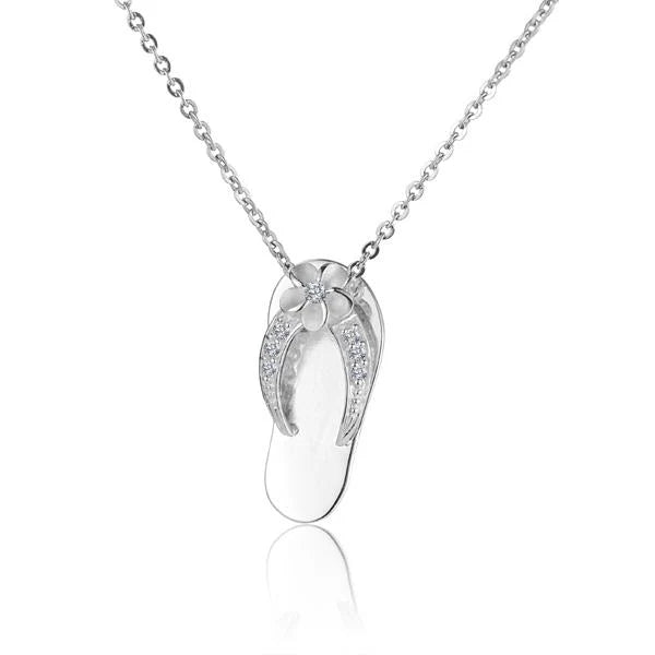 Hawaiian 925 sterling silver slipper pendant with plumeria flower and 7 cubic zirconia stones
