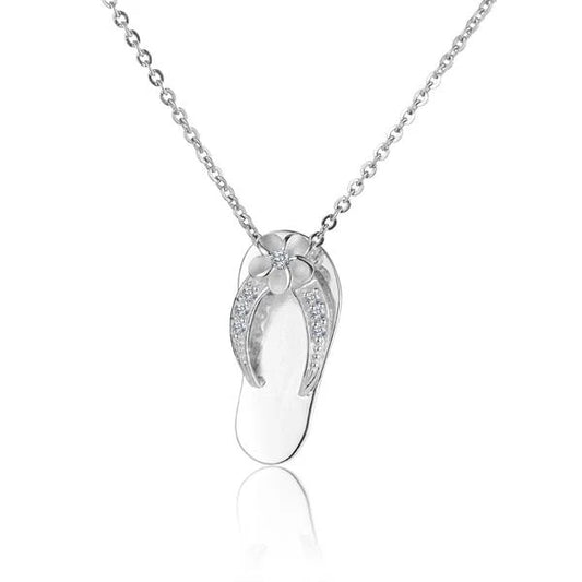 Plumeria 7CZ slipper pendant with sparkling cubic zirconia stones, featuring a silver-tone chain, by Ashley's Gift Shop.