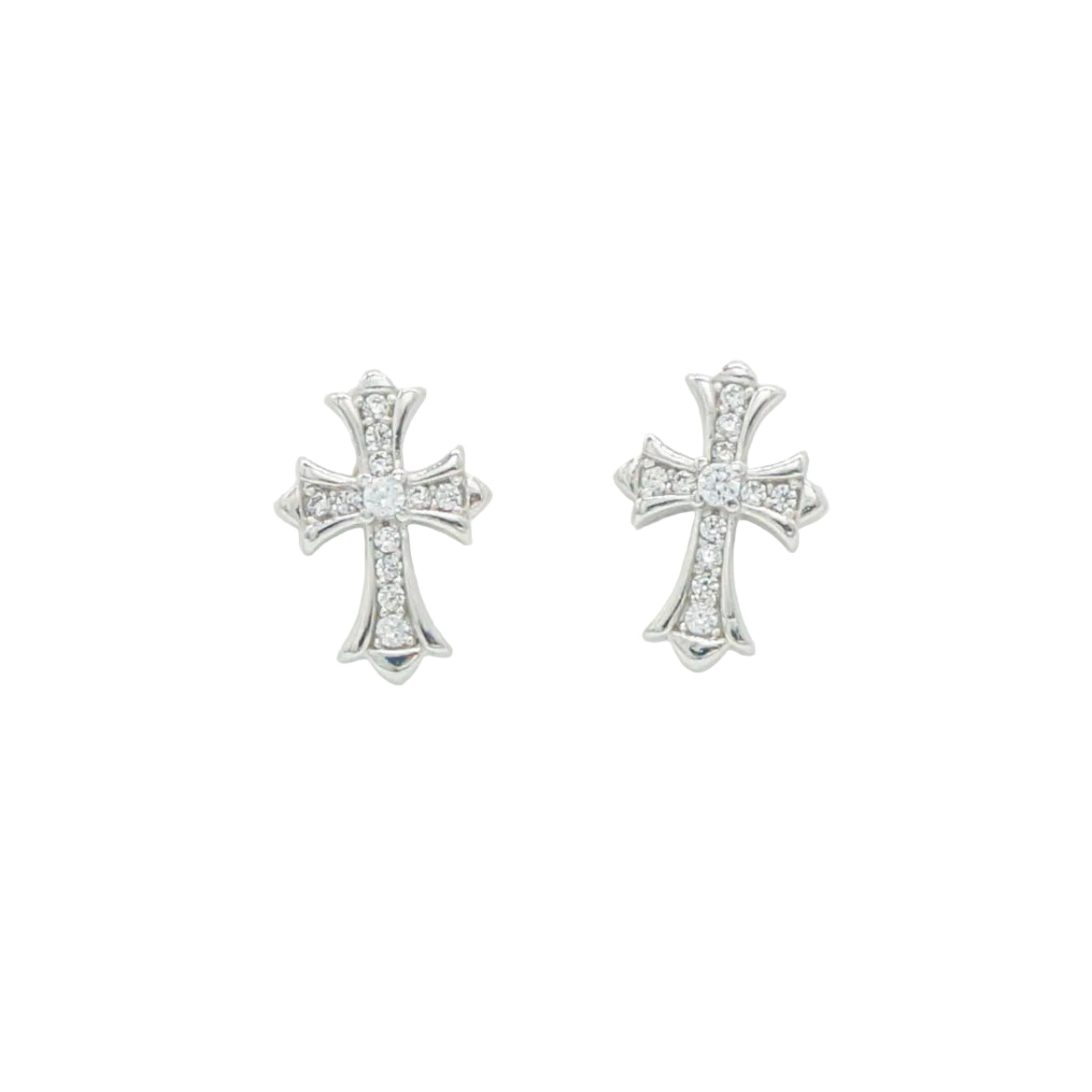 A pair of silver cross stud earrings set with small clear stones, displayed on a clean white background.