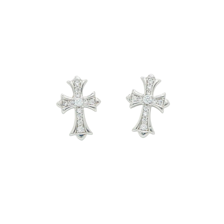 A pair of silver cross stud earrings set with small clear stones, displayed on a clean white background.