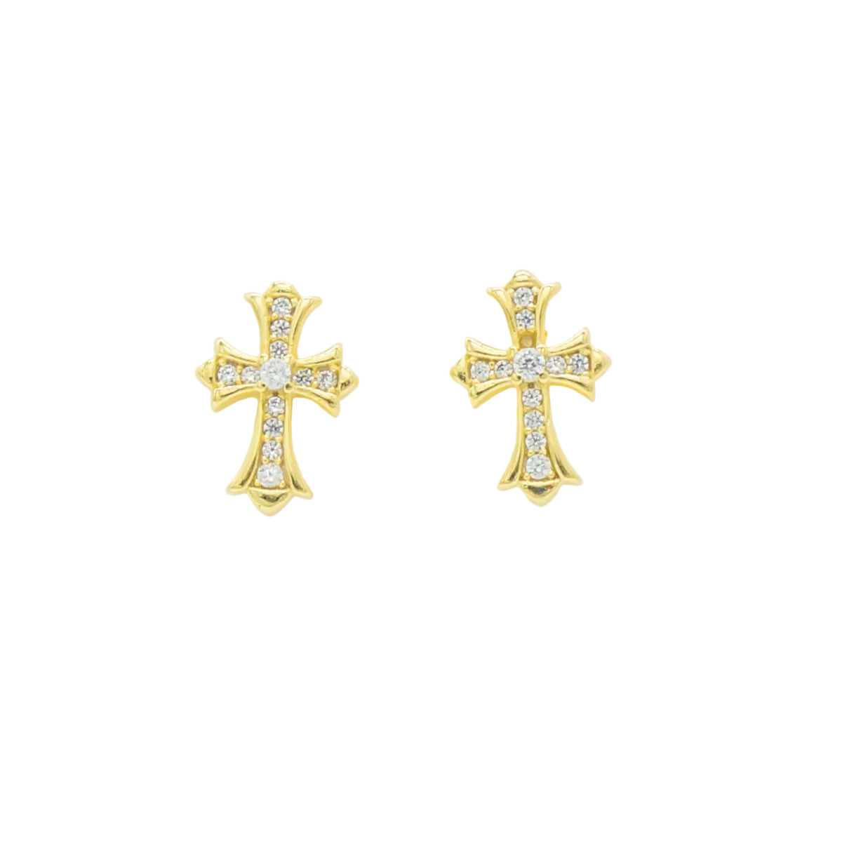 A pair of gold plated  silver cross stud earrings adorned with clear crystals, displayed on a clean white background.