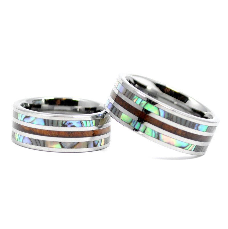 8mm koa wood & abalone 3-line tungsten ring, comfort fit
