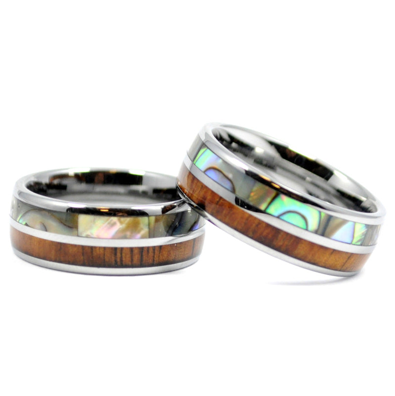 8mm koa wood & abalone double line tungsten ring, comfort fit