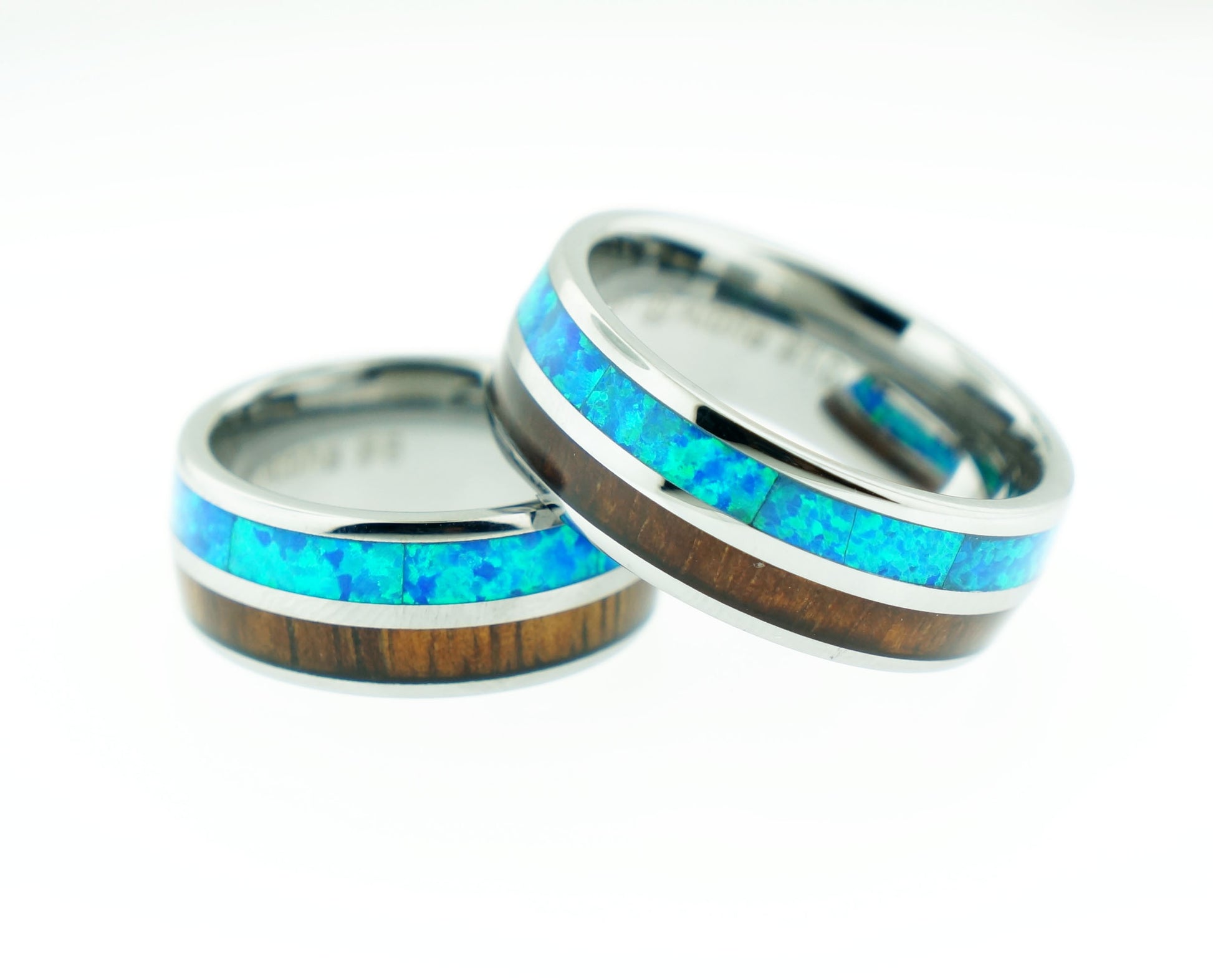 8mm koa wood & blue opal double line tungsten ring, comfort fit