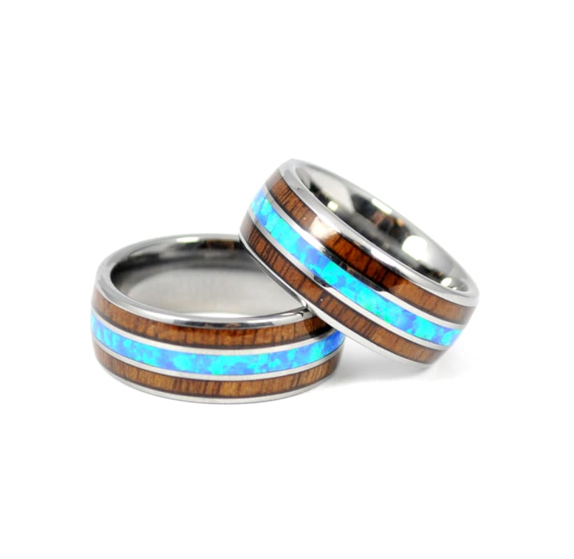 8mm koa wood & blue opal 3-line tungsten ring, comfort fit