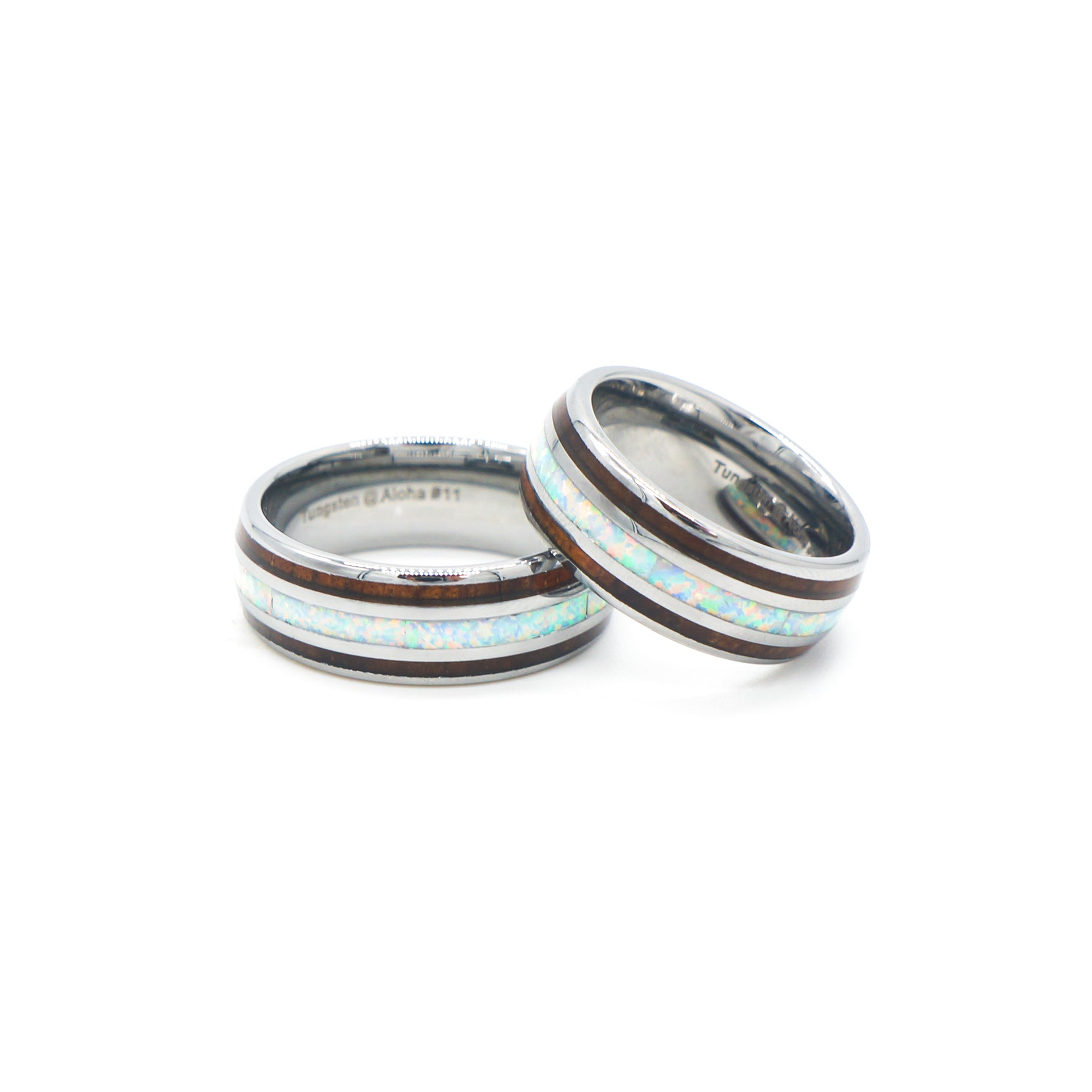 8mm koa wood & white opal 3-line tungsten ring, comfort fit