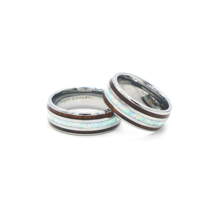 8mm koa wood & white opal 3-line tungsten ring, comfort fit