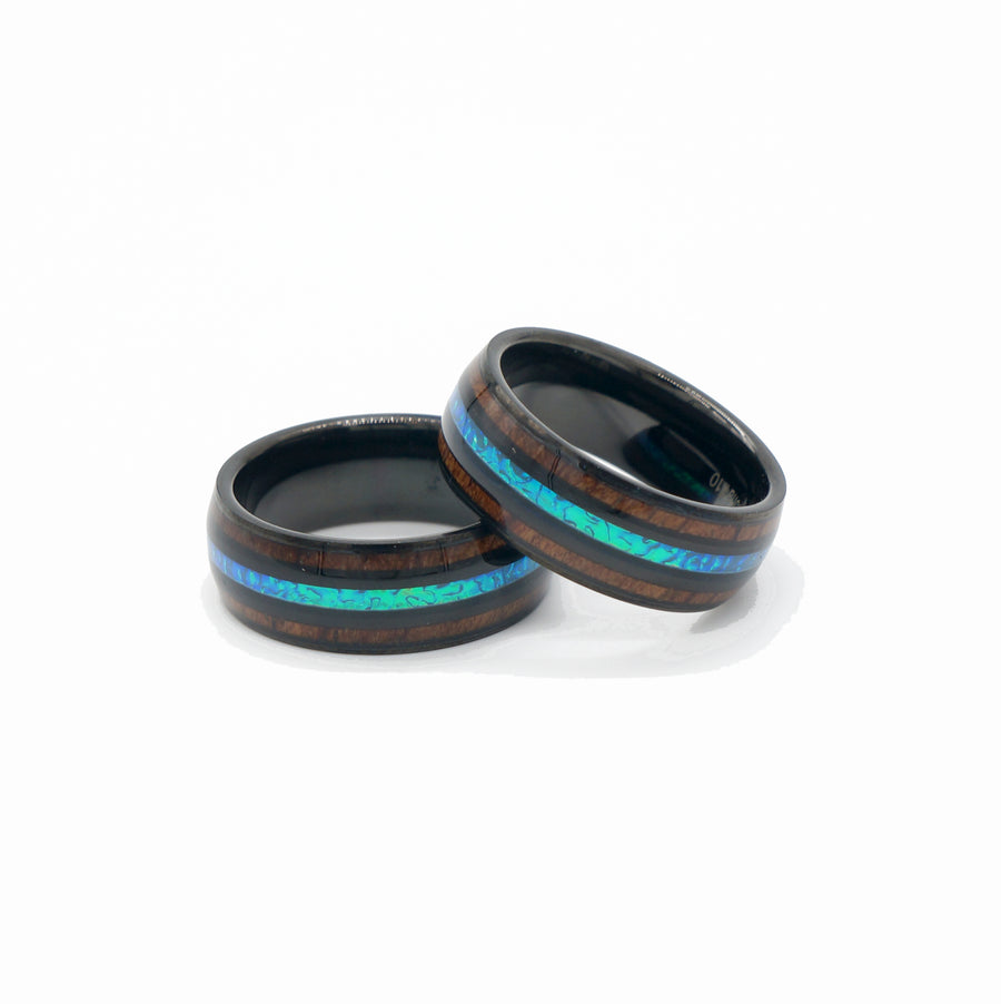 8mm koa wood & opal 3-line black tungsten ring, comfort fit