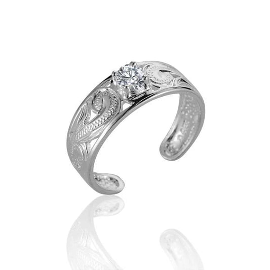 Silver round CZ scroll toe ring featuring intricate design, perfect for stylish beach or summer jewelry looks.