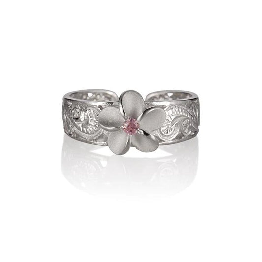 Plumeria Scroll CZ toe ring with 8mm gemstone, featuring intricate design, crafted by Ashley's Gift Shop.