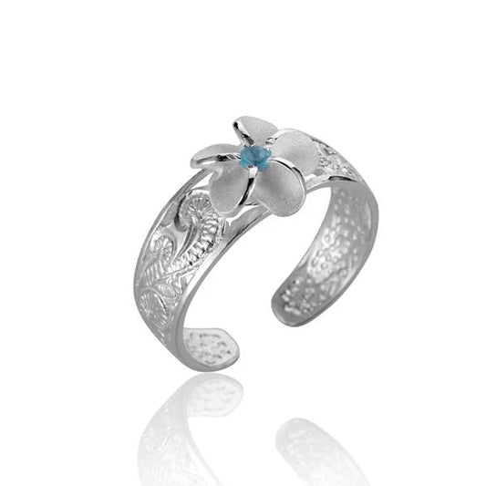 Silver Plumeria Scroll CZ toe ring with 8mm gemstone from Ashley's Gift Shop, featuring intricate floral design.