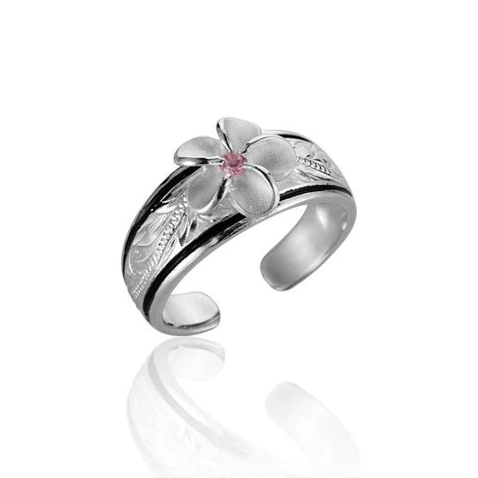 Gold-plated Plumeria Scroll CZ toe ring with 8mm flower design, stylish jewelry by Ashley's Gift Shop.