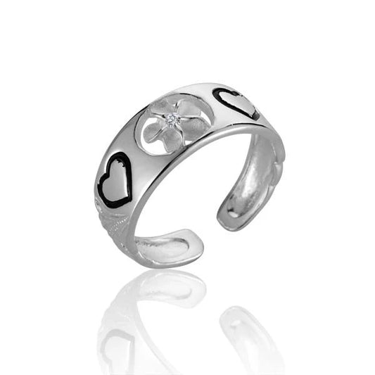 Plumeria Heart Scroll Toe Ring by Ashley's Gift Shop, 6mm band featuring intricate heart and scroll design in sterling silver.