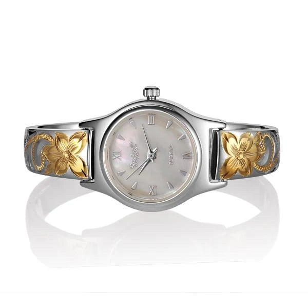 2 Tone Plumeria Scroll Bangle Watch