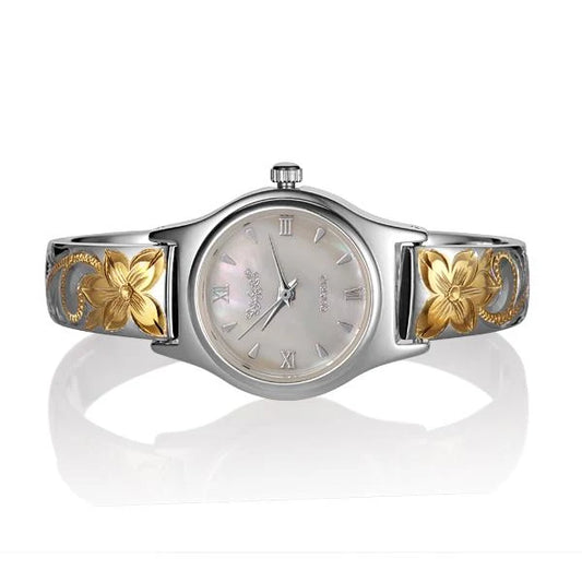 2 Tone Plumeria Scroll Bangle Watch