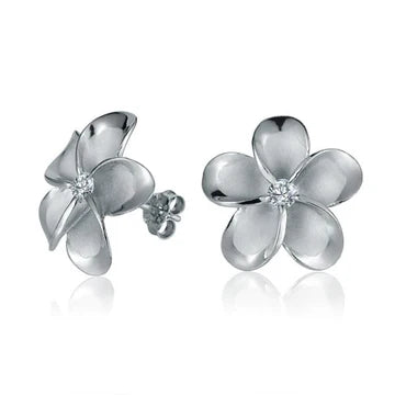 Plumeria CZ Rhodium Plated Post Earring - 18mm image 0