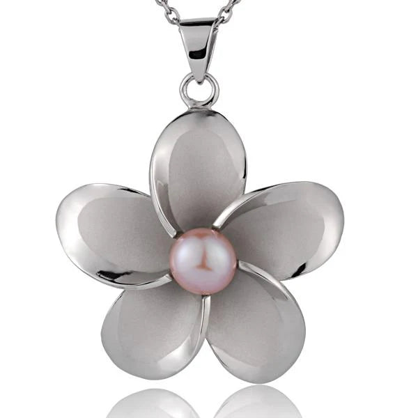Rhodium Plumeria Pink Pearl Pendant - 43mm image 0