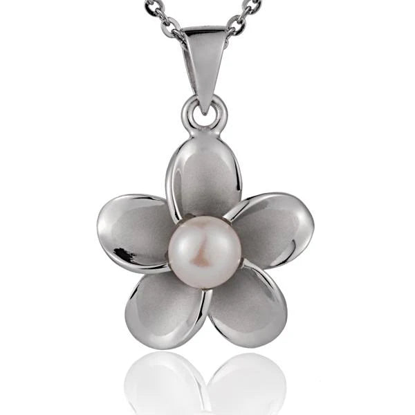 Rhodium Plumeria White Pearl Pendant - 18mm image 0