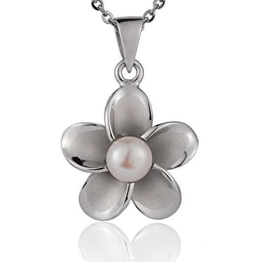 Rhodium Plumeria White Pearl Pendant - 18mm image 0