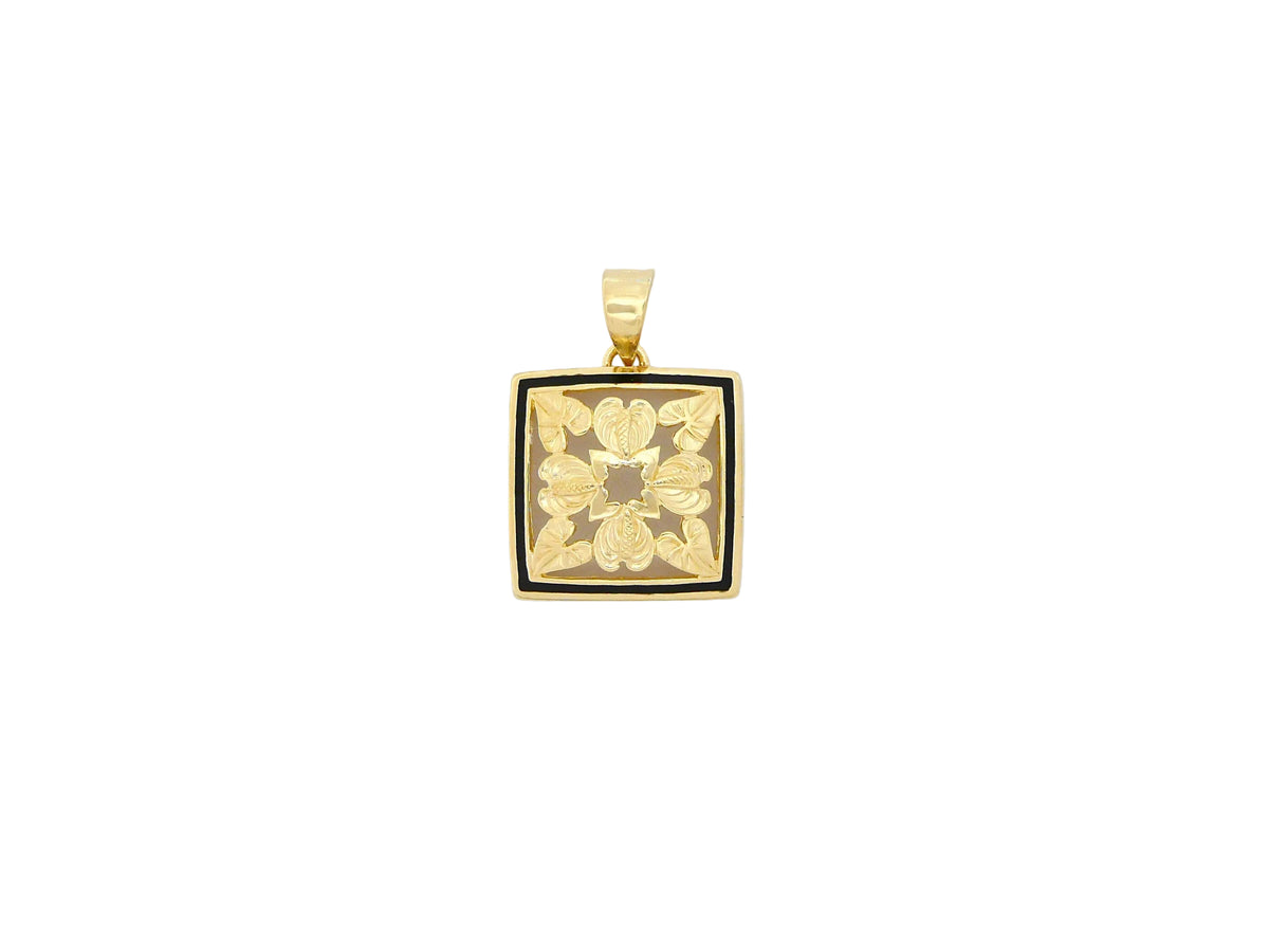 Hawaiian 14K Gold small 14K gold anthurium quilt pendant with intricate flower design.