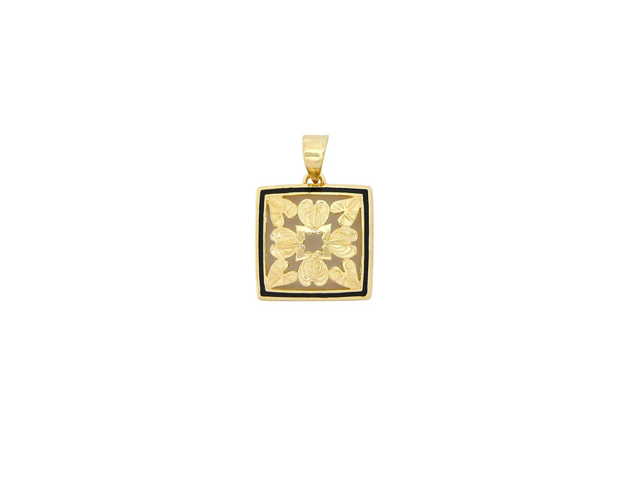 Hawaiian 14K Gold small 14K gold anthurium quilt pendant with intricate flower design.