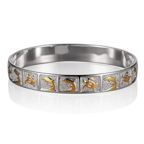 Hawaiian 925 Sterling Silver dolphin Honu bangle with 10mm width, featuring intricate ocean-inspired designs.