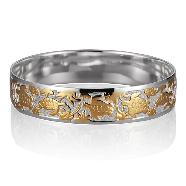 Hawaiian 925 Sterling Silver swimming turtle bangle bracelet, 15mm width, featuring detailed turtle design.