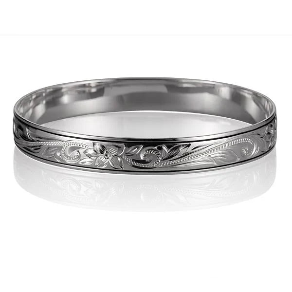 Hawaiian 925 Sterling Silver scroll Bangle with 10mm width, featuring intricate engraved Hawaiian-inspired scroll design.
