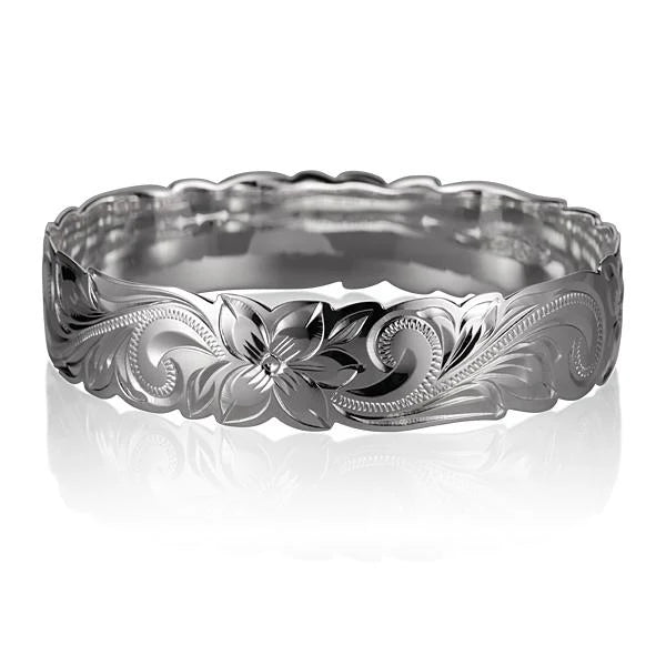 Hawaiian 925 Sterling Silver scroll Bangle 18mm featuring intricate engraved patterns on a polished silver band.