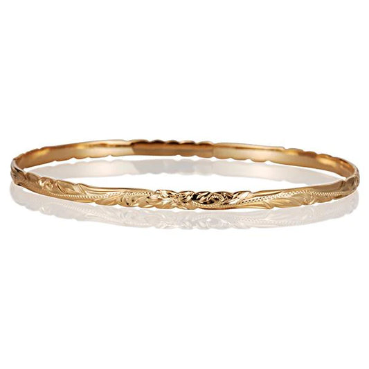 Sterling silver Hawaiian YG plated scroll bangle, 4mm width, with intricate design, perfect for stylish jewelry collection.